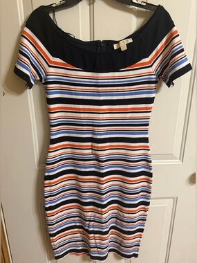 Michael Kors Navy, White & Orange Striped Scoop Neck Mini Dress